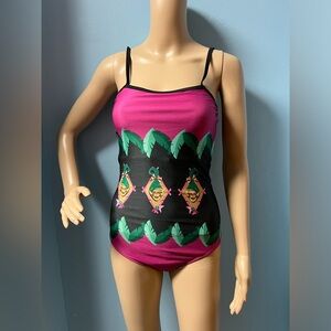 Oblong Box Shrunken Head Tiki swimsuit size medium Denialle Von Fitch Pinup 50s